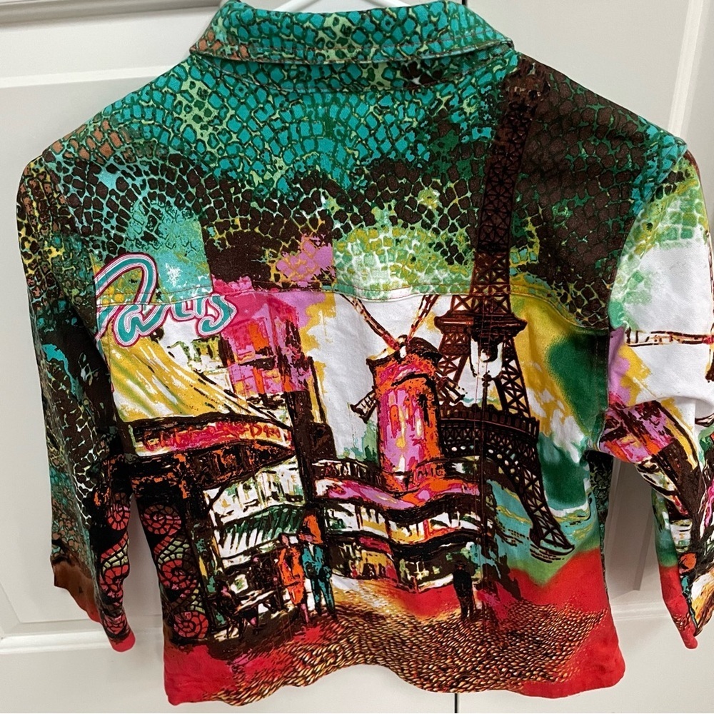 Kaktus Vintage Paris Streets Print Lightweight Denim Art to Wear Vibrant Jacket - Picture 5 of 15